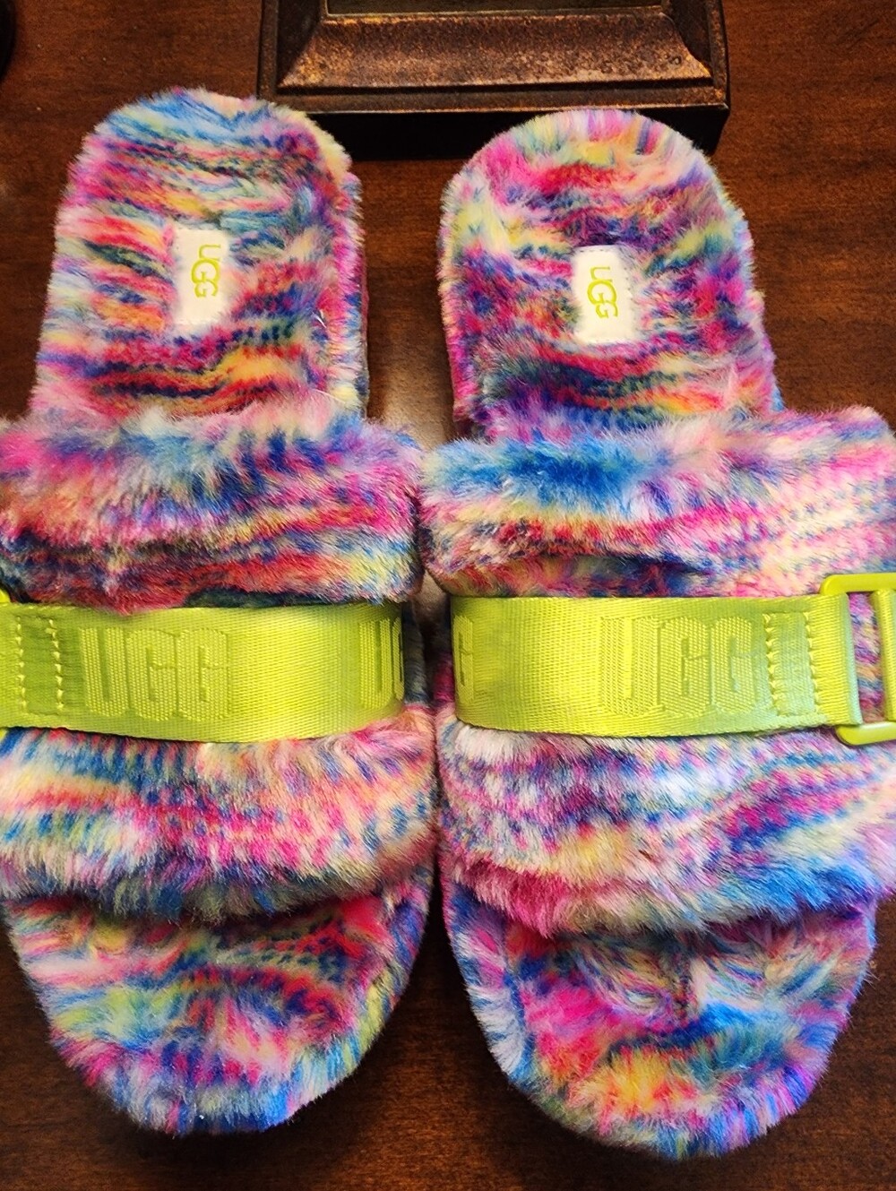 UGG Women's Fluffita Multicolor Fuzzy Slide Sandals with Neon Yellow Strap